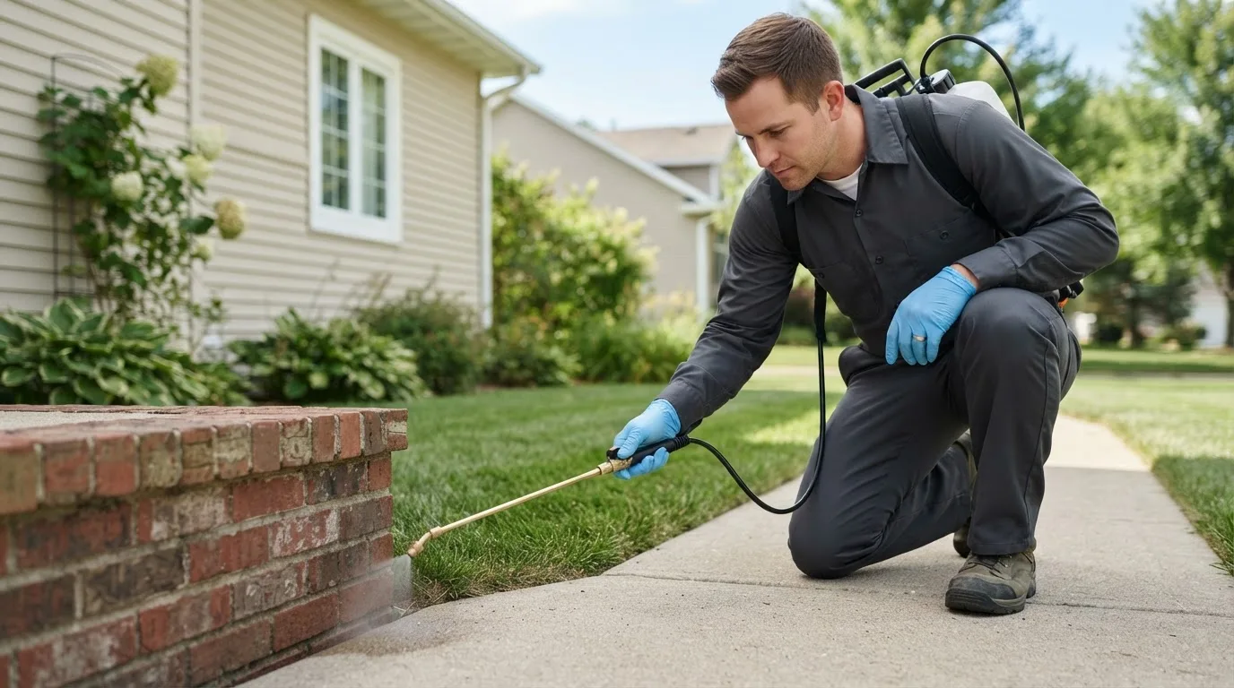 Pest control technician treating a home near Moira, NY