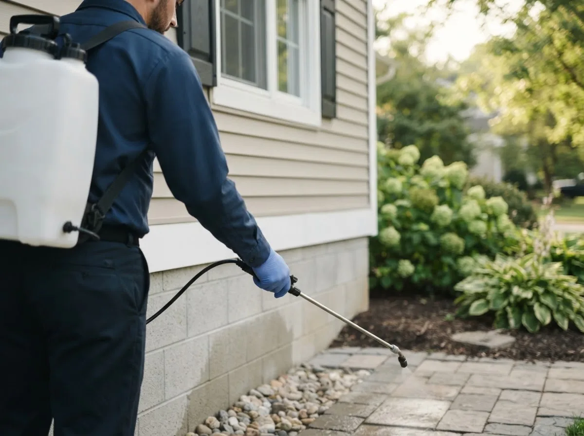 Pest control technician inspecting a home in Moira, NY